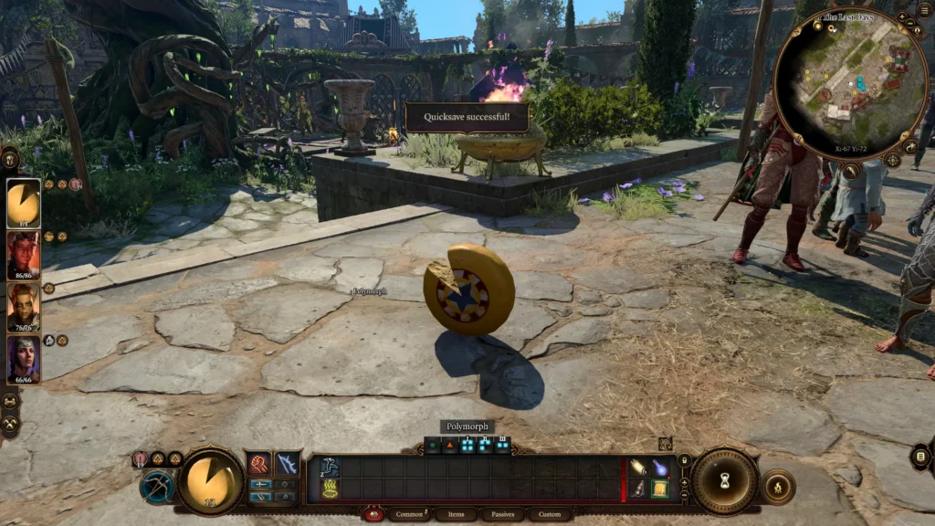 Baldur's Gate 3 screenshot with a character polymorphed as a rolling block of cheese.